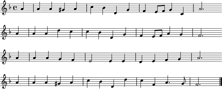 
\ transpose c bes, \ new Staff << \ clef agudos \ clave g \ mayor {\ tiempo 4/4 \ parcial 4 \ relativa g '{b4 |  bb ais b |  dce, a |  g fis8 g a4 d, |  b'2.  \ bar "" \ break b4 |  bbed |  dce, a |  g fis8 g b4 a |  g2.  \ bar "" \ break b4 |  bbag |  fis2 fis4 fis |  e fis ga |  b2.  \ bar "" \ break b4 |  bb ais b |  dce, e '|  dg, b4.  a8 |  g2.  \ bar "|."  }}% ​​\ new Lyrics \ lyricmode {%} >> \ layout {indent = # 0} \ midi {\ tempo 4 = 80}
