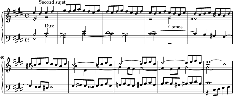 
\version "2.18.2"
\header {
  tagline = ##f
}
upper = \relative c'' {
  \clef treble 
  \key cis \minor
  \time 2/2
  \tempo 2 = 63
  \set Score.currentBarNumber = #35

    << { e4 dis^\markup{Second sujet} e fis gis8 fis gis a gis fis e gis fis e fis gis fis e dis fis } \\ { e,2 } \\ { gis2 g2\rest } >>
    << { e'8 dis e fis e dis cis e dis cis dis e dis cis b dis cis b cis dis cis b ais cis } \\ { r2 gis2_\markup{Comes} fisis b ais1~ } >>
    << { b2~ b8 cis dis b cis2~ cis8 dis e cis dis2~ dis8 e fis dis e1*1/2~ \hideNotes e4 } \\ { ais,4 dis, gis2~ gis4 fis8 e fis2~ fis4 e8 fis gis2~ gis2*1/3~ \hideNotes gis1*1/4 } \\ { s1*3 b2\rest cis2 }  >>
    

}

lower = \relative c' {
  \clef bass
  \key cis \minor
  \time 2/2

    << { b2 cis^\markup{Dux} bis2 e dis1 cis~ cis4 b ais gis~ gis fisis8 eis fisis2 } \\ { e2 a gis cis~ cis bis cis r2 } >>
    << { gis8 ais gis fisis gis ais b gis | a! b a gis  ais b cis ais | b cis b ais  bis cis dis bis } \\ {} >>
    << { cis1 } \\ { r4 cis,8 dis e4 fis } >>

}

\score {
  \new PianoStaff <<
    \new Staff = "upper" \upper
    \new Staff = "lower" \lower
  >>
  \layout {
    indent = #0
    \context {
      \Score
      \remove "Metronome_mark_engraver"
      \override SpacingSpanner.common-shortest-duration = #(ly:make-moment 1/2)
        }
  }
  \midi { }
}
