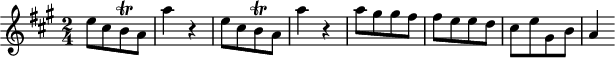 
\header {
 tagline = ##f
}

\score {
 \new Staff \with {

 }
<<
 \relative c'' {
 \key a \major
 \time 2/4
 \override TupletBracket #'bracket-visibility = ##f 
 %\autoBeamOff

 %%%%%%%%%%%%%%%%%%%%%%%%%% K15l
 e8[ cis b\trill a] a'4 r4 e8[ cis b\trill a] a'4 r4 a8[ gis gis fis] fis[ e e d] cis[ e gis, b] a4

 }
>>
 \layout {
 \context {
 \remove "Metronome_mark_engraver"
 }
 }
 \midi {}
}
