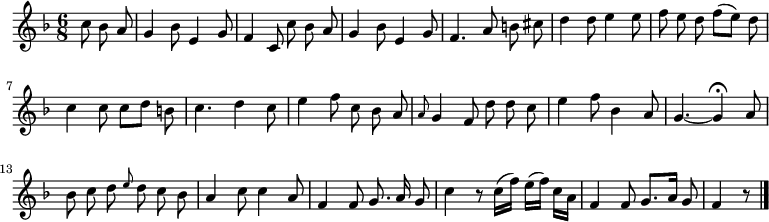 
\relative c'' {
  \key f \major
  \time 6/8
  \partial 4.
  \autoBeamOff
  c8 bes a
  g4 bes8 e,4 g8
  f4 c8 c' bes a
  g4 bes8 e,4 g8
  f4. a8 b cis
  d4 d8 e4 e8
  f e d f[( e]) d

  c4 c8c[ d] b
  c4. d4 c8
  e4 f8 c bes a
  \grace a g4 f8 d' d c
  e4 f8 bes,4 a8
  g4.~ g4\fermata a8
  bes c d \grace e d c bes
  a4 c8 c4 a8

  f4 f8 g8. a16 g8
  c4 r8 c16([ f)] e([ f)] c[ a]
  f4 f8 g8.[ a16] g8
  f4 r8
  \bar "|."
}
