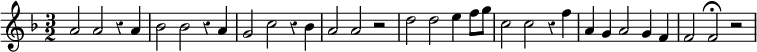 \relative a' { \key f \major \time 3/2 \override Score.Rest #'style = #'classical
  a2 a r4 a | bes2 bes r4 a | g2 c r4 bes | a2 a r | d2 d e4 f8 g |
  c,2 c r4 f | a, g a2 g4 f | f2 f\fermata r }