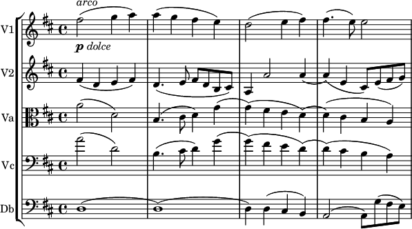 
<<
\new StaffGroup <<
  \new Staff {
  \set Staff.instrumentName = #"V1"
  \set Staff.midiInstrument = #"violin"
    \relative c'' {
      \time 4/4
      \key d \major
      \clef treble

      fis2(_\markup { \dynamic p \italic dolce }^\markup { \italic arco } g4 a) | a4( g fis e) | d2( e4 fis) | fis4.( e8) e2 |
    }
  }
  \new Staff {
  \set Staff.instrumentName = #"V2"
  \set Staff.midiInstrument = #"violin"
    \relative c' {
      \time 4/4
      \key d \major
      \clef treble

      fis4( d e fis) | d4.( e8 fis d b cis) | a4 a'2 a4( | a)( e cis8) e( fis g) |
    }
  }
  \new Staff {
  \set Staff.instrumentName = #"Va"
  \set Staff.midiInstrument = #"viola"
    \relative c'' {
      \time 4/4
      \key d \major
      \clef alto

      a2( d,) | b4.( cis8 d4) g( | g)( fis e d)( | d)( cis b a) |
    }
  }
  \new Staff {
  \set Staff.instrumentName = #"Vc"
  \set Staff.midiInstrument = #"cello"
    \relative c'' {
      \time 4/4
      \key d \major
      \clef bass

      a2( d,) | b4.( cis8 d4) g( | g)( fis e d)( | d)( cis b a) |
    }
  }
  \new Staff {
  \set Staff.instrumentName = #"Db"
  \set Staff.midiInstrument = #"contrabass"
    \relative c {
      \time 4/4
      \key d \major
      \clef bass

      d1( | d)( | d4) d( cis b) | a2( a8) g'( fis e) |
    }
  }
>>
>>
