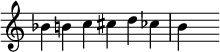 { \override Score.TimeSignature #'stencil = ##f \time 6/4 \relative c'' { bes4 b c cis d ces | b s } }