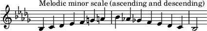  {
override Score.TimeSignature #'stencil = ##f
relative c' {
  clef treble key bes minor time 7/4
  bes4^markup { Melodic minor scale (ascending and descending) } c des es f g a bes aes! ges! f es des c bes2
} }
