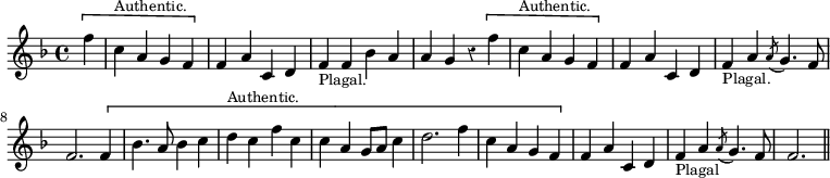 { \time 4/4 \key f \major \override Score.Rest #'style = #'classical \partial 4 \relative f'' { \[ f4 | c^\markup { \small Authentic. } a g f \] f a c, d | f_\markup { \small Plagal. } f bes a | a g r \[ f' | c^\markup { \small Authentic. } a g f \] f a c, d | f_\markup { \small Plagal. } a \acciaccatura a8 g4. f8 | f2. \[ f4 bes4. a8 bes4 c | d^\markup { \small Authentic. } c f c | c a g8 a c4 | d2. f4 | c a g f \] | f a c, d | f_\markup { \small Plagal } a \acciaccatura a8 g4.  f8 | f2. \bar "||" } }