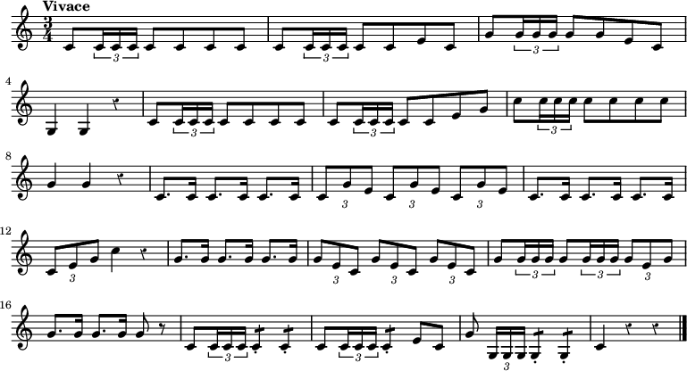 
{
\clef treble
  \relative c' {
       \time 3/4
       \tempo "Vivace"
       \set Staff.midiInstrument = #"trumpet"
       \override Rest #'style = #'classical
c8 \tupletDown \tuplet 3/2 8 {c16 c c} c8 c c c | 
c \tuplet 3/2 8 {c16 c c} c8 c e c | 
g' \tuplet 3/2 8 {g16 g g} g8 g e c | \break
g4 g r |
c8 \tuplet 3/2 8 {c16 c c} c8 c c c |
c \tuplet 3/2 8 {c16 c c} c8 c e g |
c \tuplet 3/2 8 {c16 c c} c8 c c c | \break
g4 g r |
c,8. c16 c8. c16 c8. c16 | 
\tuplet 3/2 4 {c8 g' e} \tuplet 3/2 4 {c g' e} \tuplet 3/2 4 {c g' e} |
c8. c16 c8. c16 c8. c16 | \break
\tuplet 3/2 4 {c8 e g} c4 r |
g8. g16 g8. g16 g8. g16 |
\tuplet 3/2 4 {g8 e c} \tuplet 3/2 4 {g'8 e c} \tuplet 3/2 4 {g'8 e c} |
g' \tuplet 3/2 8 {g16 g g} g8 \tuplet 3/2 8 {g16 g g} \tuplet 3/2 4 {g8 e g} |\break
g8. g16 g8. g16 g8 r8 |
c, \tuplet 3/2 8 {c16 c c} c4-.: c-.: |
c8 \tuplet 3/2 8 {c16 c c} c4-.: e8 c |
\autoBeamOff g'8 \autoBeamOn \tuplet 3/2 8 {g,16 g g} g4-.: g-.: |
c4 r r \bar "|."
  }
}
