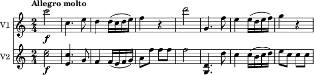 
<<
\new Staff \with { instrumentName = #"V1 "}  \relative c'' {
    \version "2.18.2"
    \key c \major 
    \tempo "Allegro molto"
    \tempo 4 = 130
    \time 2/4
    c'2 \f c,4. e8
   d4 d16 (c d e)
   f4 r 
   d'2
   g,,4. f'8 
   e4 e16 (d e f)
   g4  r
}
 \new Staff \with { instrumentName = #"V2 "} \relative c'' {
    \key c \major    
    \time 2/4
   <c e>2\f 
   <e, c'>4. g8 
   f4 f16 (e f g)
   a8 f' f f
   f2
   <g,, d'>4. d''8
   c4 c16 (b c d)
   e8 c c c
}
>>
