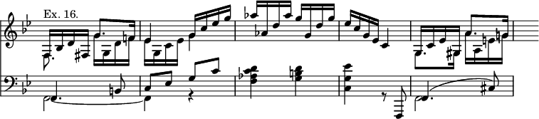 << \new Staff { \time 2/4 \override Score.TimeSignature #'stencil = ##f \key bes \major \relative f { \mergeDifferentlyHeadedOn \mergeDifferentlyDottedOn << { f16^"Ex. 16." bes d fis, g'8. f!16 | ees4 g16 c ees g | aes aes, d aes' g g, d' g | ees c g ees c4 | g16 c ees gis, a'8. g!16 | s8 } \\ { f,8. s16 g' g, d' f | ees g, c ees g4 | s2 s | g,8. gis16 a' a, e' g! } >> } }
\new Staff { \clef bass \key bes \major \relative f, << \mergeDifferentlyHeadedOn \mergeDifferentlyDottedOn { f4. b8 | c ees g c | s2 s4. f,,,8 | f'4.( cis'8) } \\ { f,2 ~ f4 r | <f' aes c d> <g b d> | <c, g' ees'> r8 s f,2 } >> } >>