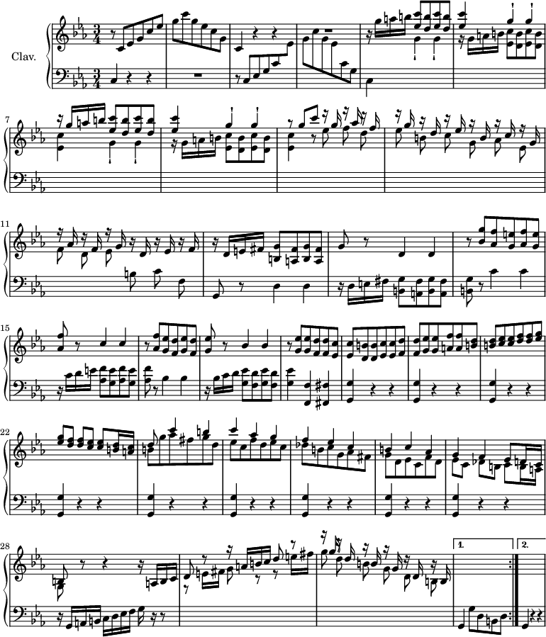 
\version "2.18.2"
\header {
 tagline = ##f
 % composer = "Domenico Scarlatti"
 % opus = "K. 84"
 % meter = ""
}

%% les petites notes
%trillBesp = { \tag #'print { bes4.\prall } \tag #'midi { c32 bes c bes~ bes4 } }

upper = \relative c'' {
 \clef treble 
 \key c \minor
 \time 3/4
 \tempo 4 = 122
 \set Staff.midiInstrument = #"harpsichord"
 \override TupletBracket.bracket-visibility = ##f

 \repeat volta 2 {
 % s8*0^\markup{Allegro}
 r8 c,8 ees g c ees g c g ees c g | c,4 r4 r4 R2. |
 % ms. 5
 \repeat unfold 2 { r16 g''16 a b \stemUp < ees, c' >8 < d b' > < ees c' > < d b' > | < ees c' >4 g^! g^! } | 
 % ms. 9
 r8 g8 c r16 g16 r16 aes16 r16 f16 | r16 g16 r16 d r16 ees r16 b r16 c r16 g | r16 aes r16 f r16 g r16 d r16 ees r16 f
 % ms. 12
 r16 d16 e fis < b, g' >8 < a fis' > < b g' > < a fis' > | g'8 r8 d4 d | r8 < bes' g' >8 < aes f' > < g e' > < aes f' > < g e' > | < aes f' > r8 c4 c |
 % ms. 16
 r8 < aes f' >8 < g ees' > < f d' > < g ees' > < f d' > | < g ees' >8 r8 bes4 bes | r8 < g ees' >8 q < f d' > q < ees c' > | q < d b' > q < ees c' > q < f d' > |
 % ms. 20
 < f d' >8 < g ees' > q < a f' > q < b d > | q < c ees >8 q < d f >8 q < ees g >8 | q < d f >8 q < c ees >8 q < b d >16 < a c > << { d8 s8 c'4 b | c aes g } \\ { b,8 g' aes fis g d | ees c f d ees c } >>
 % ms. 25
 << { f4 ees c | b c aes | g f ees8 d16 c | b8 } \\ { des'8 b c g aes fis | g d ees c f d | ees c des b c b16 a | g8 } >> r8 r4 r16 a16 b c |
 % ms. 29
 d8 r8 r16 a'16 b c d8 r8 | r16 g16 r16 d16 r16 b16 r16 g16 r16 d16 r16 b16 }%reprise
 \alternative {
 { s2. }
 { s2. }
 }%alternative
}

lower = \relative c' {
 \clef bass
 \key c \minor
 \time 3/4
 \set Staff.midiInstrument = #"harpsichord"
 \override TupletBracket.bracket-visibility = ##f

 \repeat volta 2 {
 % **************************************
 c,4 r4 r4 | R2. | r8 c8 ees g c \stemDown \change Staff = "upper" ees g c g ees \change Staff = "lower" c g |
 % ms. 5
 c,4 \stemDown \change Staff = "upper" \repeat unfold 2 { g''_! g_! | r16 g16 a b < ees, c' >8 < d b' > < ees c' > < d b' > | < ees c' >4 }
 % ms. 9 suite
 r8 \autoBeamOff ees'8 f d | ees b c g aes ees | f d ees \stemNeutral \change Staff = "lower" b c f, \autoBeamOn |
 % ms. 12
 g,8 r8 d'4 d | r16 d16 e fis < b, g' >8 < a fis' > < b g' > < a fis' > | < b g' >8 r8 c'4 c | r16 c16 d e < aes, f' >8 < g e' > < aes f' > < g e' > | 
 % ms. 16
 < aes f' >8 r8 bes4 bes | r16 bes16 c d < g, ees' >8 < f d' > < g ees' > < f d' > | < g ees' >4 < f, f' >4 < fis fis' > |
 % ms. 19
 \repeat unfold 9 { < g g' >4 r4 r4 } |
 % ms. 28
 r16 g16 a b c d ees f g r16 r8 \stemDown \change Staff = "upper" r8 e'16 fis g8 r8 r8 e'16 fis | \autoBeamOff g8 d b g d b | }%reprise
 \alternative {
 { \autoBeamOn \stemNeutral \change Staff = "lower" g,4 g'8 d b d | }
 { g,4 r4 r4 }
 }% alternative

}

thePianoStaff = \new PianoStaff <<
 \set PianoStaff.instrumentName = #"Clav."
 \new Staff = "upper" \upper
 \new Staff = "lower" \lower
 >>

\score {
 \keepWithTag #'print \thePianoStaff
 \layout {
 #(layout-set-staff-size 17)
 \context {
 \Score
 \override SpacingSpanner.common-shortest-duration = #(ly:make-moment 1/2)
 \remove "Metronome_mark_engraver"
 }
 }
}

\score {
 \unfoldRepeats
 \keepWithTag #'midi \thePianoStaff
 \midi { }
}
