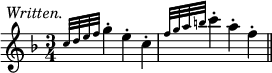 { \relative c'' { \key f \major \time 3/4
  \grace { c32^\markup \italic \right-align "Written." d e f } g4-. e-. c-. |
  \grace { f32 g a b } c4-. a-. f-. \bar "||" } }