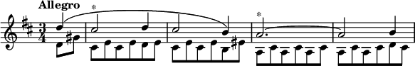 { \key d \major \time 3/4 \tempo "Allegro" \partial 4 \relative d'' { << { d4\( | cis2^"*" d4 | cis2 b4\) | a2.^"*" ~ | a2 b4 } \\ { d,8 gis | cis, e cis e d e | cis e cis e b eis | a, cis a cis a cis | a cis a cis d cis } >> } }