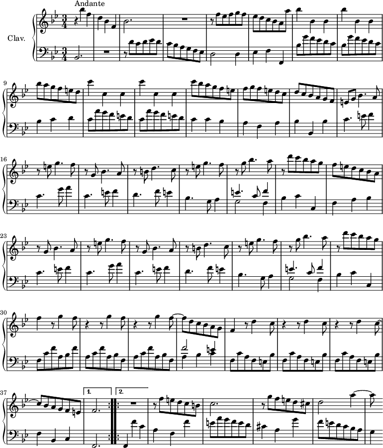 
\version "2.18.2"
\header {
 tagline = ##f
 % composer = "Domenico Scarlatti"
 % opus = "K. 472"
 % meter = "Andante"
}

%% les petites notes
%trillBesp = { \tag #'print { bes4.\prall } \tag #'midi { c32 bes c bes~ bes4 } }

upper = \relative c'' {
 \clef treble 
 \key bes \major
 \time 3/4
 \tempo 4. = 82
 \set Staff.midiInstrument = #"harpsichord"
 \override TupletBracket.bracket-visibility = ##f

 \repeat volta 2 {
 s8*0^\markup{Andante}
 r4 bes'4 f | d bes f | bes2. | R2. | r8 f'8 ees f g f | 
 % ms. 6
 ees8 d c bes a a' | \repeat unfold 2 { bes4 bes, bes } | bes'8 a g f e d | \repeat unfold 2 { c'4 c, c } |
 % ms. 12
 c'8 bes a g f e | f g f e d c | d c bes a g f | e g bes4. a8 |
 % ms. 16
 r8 e'8 g4. f8 | r8 g,8 bes4. a8 | r8 b8 d4. c8 | r8 e8 g4. f8 | r8 g8 bes4. a8 |
 % ms. 21
 r8 d8 c bes a g | f e d c bes a | r8 g8 bes4. a8 | r8 e'8 g4. f8 | r8 g,8 bes4. a8 |
 % ms. 26
 r8 b8 d4. c8 | r8 e8 g4. f8 | r8 g8 bes4. a8 | r8 d8 c bes a g | f4 r8 g4 f8 |
 % ms. 31
 \repeat unfold 2 { r4 r8 g4 f8~ } | f8 d c bes a g | f4 \repeat unfold 2 { r8 d'4 c8 | r4 } |
 % ms. 36
 r8 d4 c8~ | c8 bes a g f e }%repet
 \alternative {
 { f2. \bar ":..:" } 
 { R2. }
 }
 r8 f'8 e d c b | c2.
 % ms. 42
 r8 g'8 f e d cis | d2 a'4~ | a8

}

lower = \relative c' {
 \clef bass
 \key bes \major
 \time 3/4
 \set Staff.midiInstrument = #"harpsichord"
 \override TupletBracket.bracket-visibility = ##f

 \repeat volta 2 {
 % ************************************** \appoggiatura a16 \repeat unfold 2 { } \times 2/3 { } \omit TupletNumber 
 bes,2. | R2. | r8 d'8 c d ees d | c bes a g f ees | d2 d4 |
 % ms. 6
 ees4 f f, | \repeat unfold 2 { bes'8 g' f ees d c } | bes4 c d | \repeat unfold 2 { c8 a' g f e d } |
 % ms. 12
 c4 c bes | a f a | bes bes, bes' | c4. e8 f4 |
 % ms. 16
 c4. g'8 a4 | c,4. e8 f4 | d4. f8 e4 | bes4. g8 a4 | << { e'4. c8 f4 } \\ { g,2 f4 } >>
 % ms. 21
 bes4 c c, | f a bes | c4. e8 f4 | c4. g'8 a4 | c,4. e8 f4 | 
 % ms. 26
 d4. f8 e4 | bes4. g8 a4 | << { e'4. c8 f4 } \\ { g,2 f4 } >> | bes4 c c, | f8 c' f a, bes f' |
 % ms. 31
 \repeat unfold 2 { a,8 c f a, bes f } | << { f'2 e4 } \\ { a,4 bes c } >> | \repeat unfold 3 { f,8 c' a f e bes' } |
 % ms. 37
 f4 bes, c }%repet
 \alternative {
 { f,2. } 
 { f4 f'' c }
 } 
 a4 f f' | e8 a g f e d |
 % ms. 42
 cis4 a g' | f8 e d c bes a | g4 

}

thePianoStaff = \new PianoStaff <<
 \set PianoStaff.instrumentName = #"Clav."
 \new Staff = "upper" \upper
 \new Staff = "lower" \lower
 >>

\score {
 \keepWithTag #'print \thePianoStaff
 \layout {
 #(layout-set-staff-size 17)
 \context {
 \Score
 \override SpacingSpanner.common-shortest-duration = #(ly:make-moment 1/2)
 \remove "Metronome_mark_engraver"
 }
 }
}

\score {
 \unfoldRepeats
 \keepWithTag #'midi \thePianoStaff
 \midi { }
}
