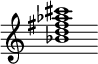 {
  % Rivin lopun pystyviiva ja tahtiosoitus piiloon.
  \override Score.BarLine.break-visibility = ##(#f #t #t)
  \override Staff.TimeSignature #'stencil = ##f
  
  <bes' d'' fis'' aes'' cis'''>1
}
