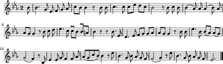 
\relative c'' {
  \override Rest #'style = #'classical
  \key es \major
  \override Staff.TimeSignature #'style = #'single-digit
  \time 2/2
  \partial 8
  \autoBeamOff
  bes8 bes4. g8 es f g aes
  c[ bes] bes4 r bes8 bes
  c4. c8 c[ es] d[ c]
  bes2 r8 bes c bes
  bes4( aes8) aes aes4( bes8) aes

  aes[ g] g4 r8 bes c d
  es4. c8 c[\prall bes] bes[\prall a]
  bes4 r r bes8. es,16
  d4. es8 f[ g] g[ aes]
  aes[ g] g4 r bes8 bes
  es4. bes8 bes[( aes]) aes[( g])

  g2( f4) r8 bes,
  es4 es8 g f4 f8 aes
  aes[( g c bes]) bes4 r8 es
  bes4. g8 bes aes g f
  f2( g4) r8 es'
  bes4. g8 bes aes g f
  es2.
  \bar "|."
}
