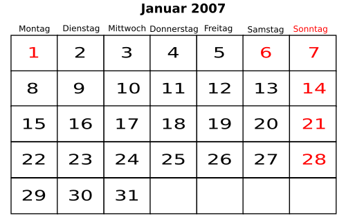 Wochentag-Tag-Tabelle