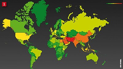 Οι περιοχές στον κόσμο όπου παρακολουθούνται από την NSA. Όσο πιο σκούρο τόσο μεγαλύτερα τα ποσοστά, όπως για παράδειγμα στο Αφγανιστάν (κόκκινο) και στην Γερμανία (κίτρινο).