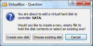 VirtualBox New VM Settings - Choose existing disk
