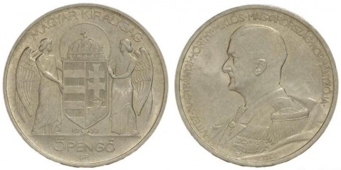 Fájl:Berán Lajos, 5 pengő - Horthy Miklós kormányzó, 1939. Ag 640; 36 mm.jpeg