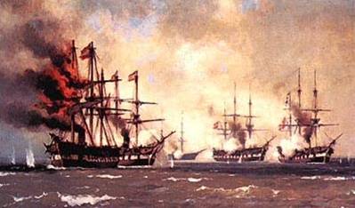 Fájl:A kigyulladt Schwarzenberg csatahajó az 1864-es helgolandi tengeri ütközetben.jpg