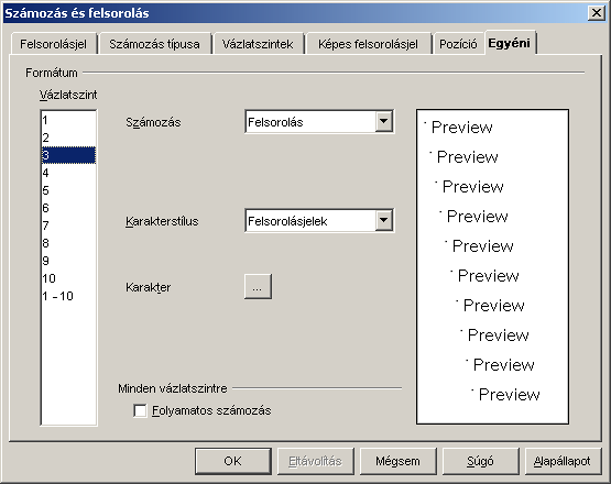 Fájl:OOo19 Writer Számozás és felsorolás Egyéni.png