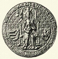 Erzsébet, Nagy Lajos király özvegyének pecsétje, 1386. Jobbról: magyar cimer (jobbról pólyák, balról a liliomok), balról: balra fordult, lándzsáját előre szegező vitéz. (Talán a litván címer lovasa is innen van.)
