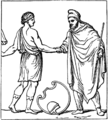 Elegáns pelta a római Capitoline múzeum temetési urnájáról, mely Pentheszileiát, az amazonok királynőjét ábrázolja, miközben segítségét ajánlja fel Priamosznak