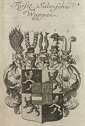 Salm hercegség címere Gatterernél (1762): boglárpajzs 1. Kyburg grófság, 2. Salm grófság, 3. Vinstringen uradalom, 4. Anholt uradalom; nagypajzs 1. é 4. Daun grófok (Wildgrafen von Dhaun), 2. és 3. rajnai palotagrófok (Rhein-Grafen). Sisakdíszek: 1. Salm, 2. "Wild = und Rhein-Graffschaft", 3. Vinstringen, 4. kyburg, 5. Anholt