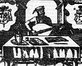 Bakfark Bálint címere (jobbra): fához láncolt bakkecske a Lyoni lantoskönyv címlapján, szintén tréfás címer