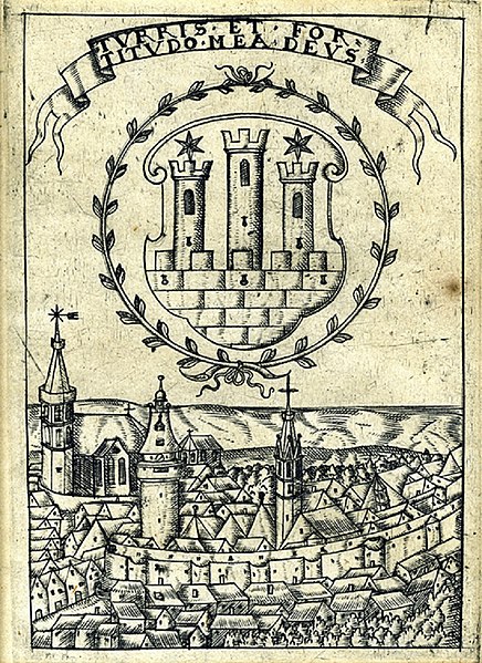 Fájl:Sopron város címere és látképe, Lackner Kristóf rézmetszete, 1610.jpg