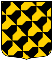 Arany-fekete balharánt-evetezés a genfi Pichon család címerében (fr: vairé en barre d'or et de sable)