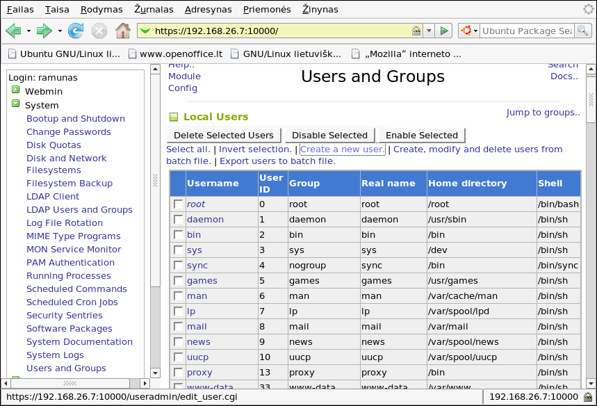 Naudotojų bei grupių administravimas su Webmin