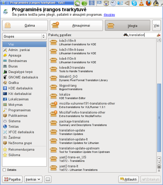 Vaizdas:OpenSUSE 112 YaST PĮ - grupės - įdiegta - GTK.png