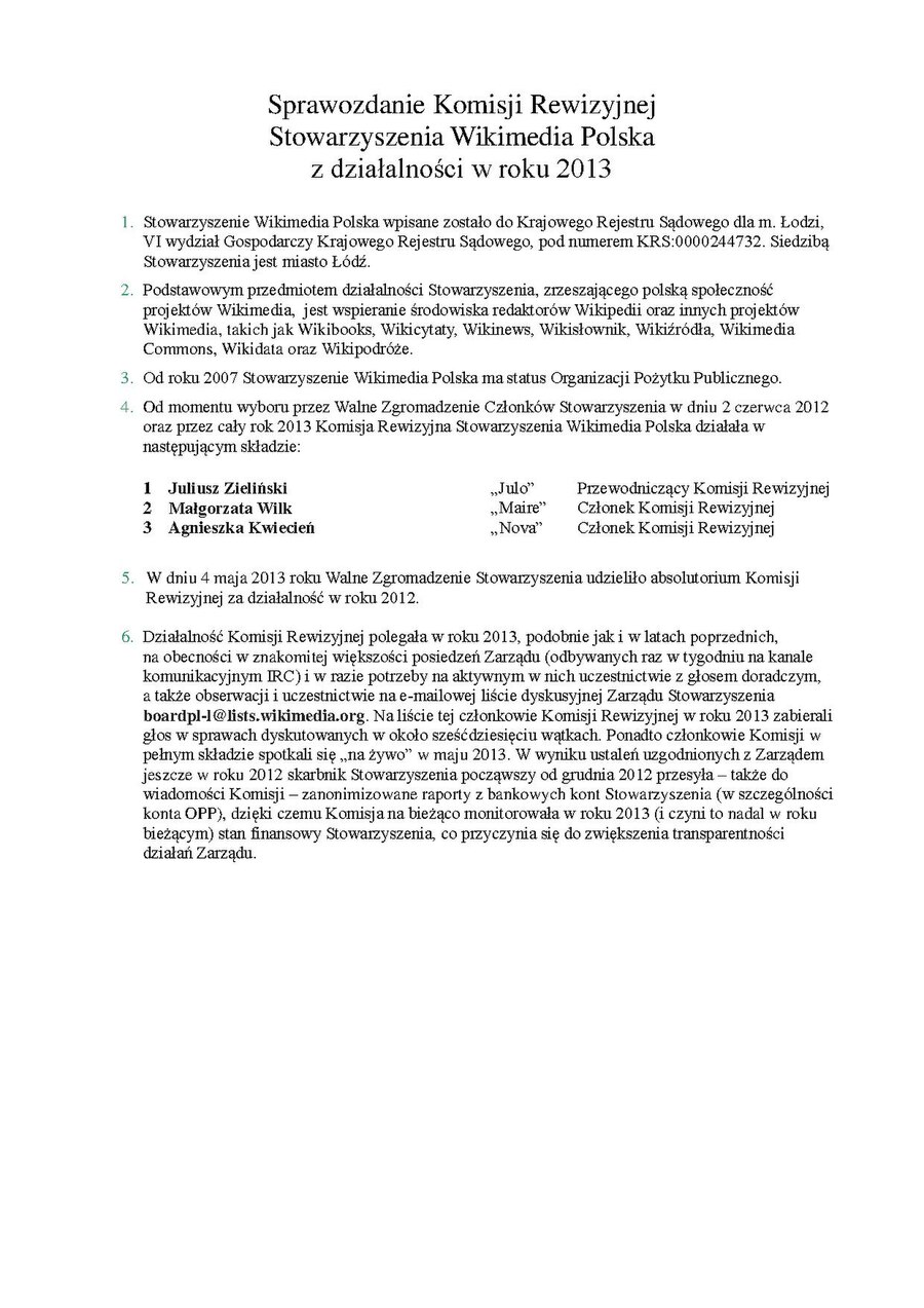 sprawozdanie Komisji Rewizyjnej za 2013