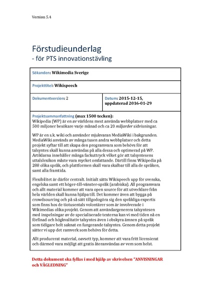 Fil:Wikispeech - Ansökan Mall PTS förstudieunderlag v.5.4 (slutversion).pdf