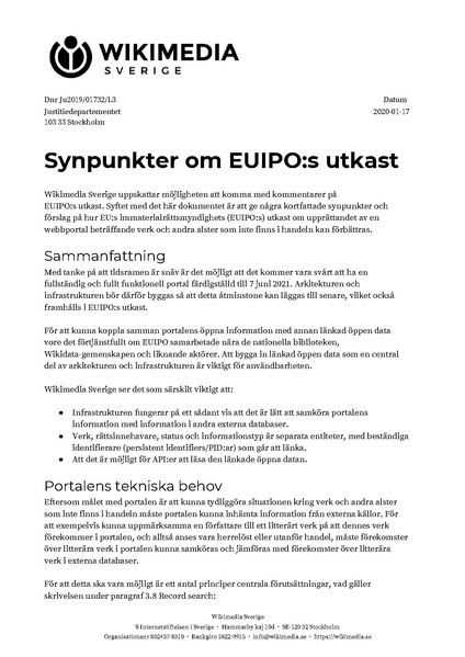 Fil:Wikimedia Sveriges synpunkter på EU s immaterialrättsmyndighets utkast i fråga om upprättande av en webbportal beträffande verk och andra alster som inte finns i handeln (1).pdf