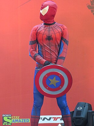 Cosplayer dressed up as Spider-Man with Captain America's shield. Image: Agastya.