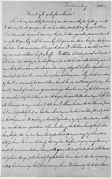 Lêer:Die eerste blad van ds NJ van Warmelo se brief waarin hy sy moeder van sy vrou se siekte en afsterwe vertel, 1865.jpg