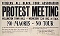 Aankondiging van ’n protesvergadering deur die Nieu-Seelandse “Burgerlike All Blacks Toervereniging” (1959)