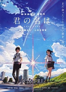 Anime filminin posteri. Personajlar: Taki Taçibana (solda) və Mitsuha Miyamizu (sağda)
