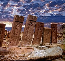 Caucasian Albanian cross stones in Jugha cemetery, Azerbaijan.jpg