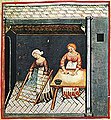 Merc'hed eus Italia oc'h aozañ pasta er gêr, gwisket en o zavañjerioù. Tacuinum Sanitatis, XIVvet kantved.