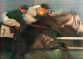 Chevaux de course pour Réalités, 1959 et MEP, 2008. Photographie faites avec un Telyt de 400 mm monté sur une poignée crosse Kilfitt. Le photographe accompagne les chevaux en faisant bloc avec le téléobjectif (3 kg) en pivotant sur lui-même sur un pied.