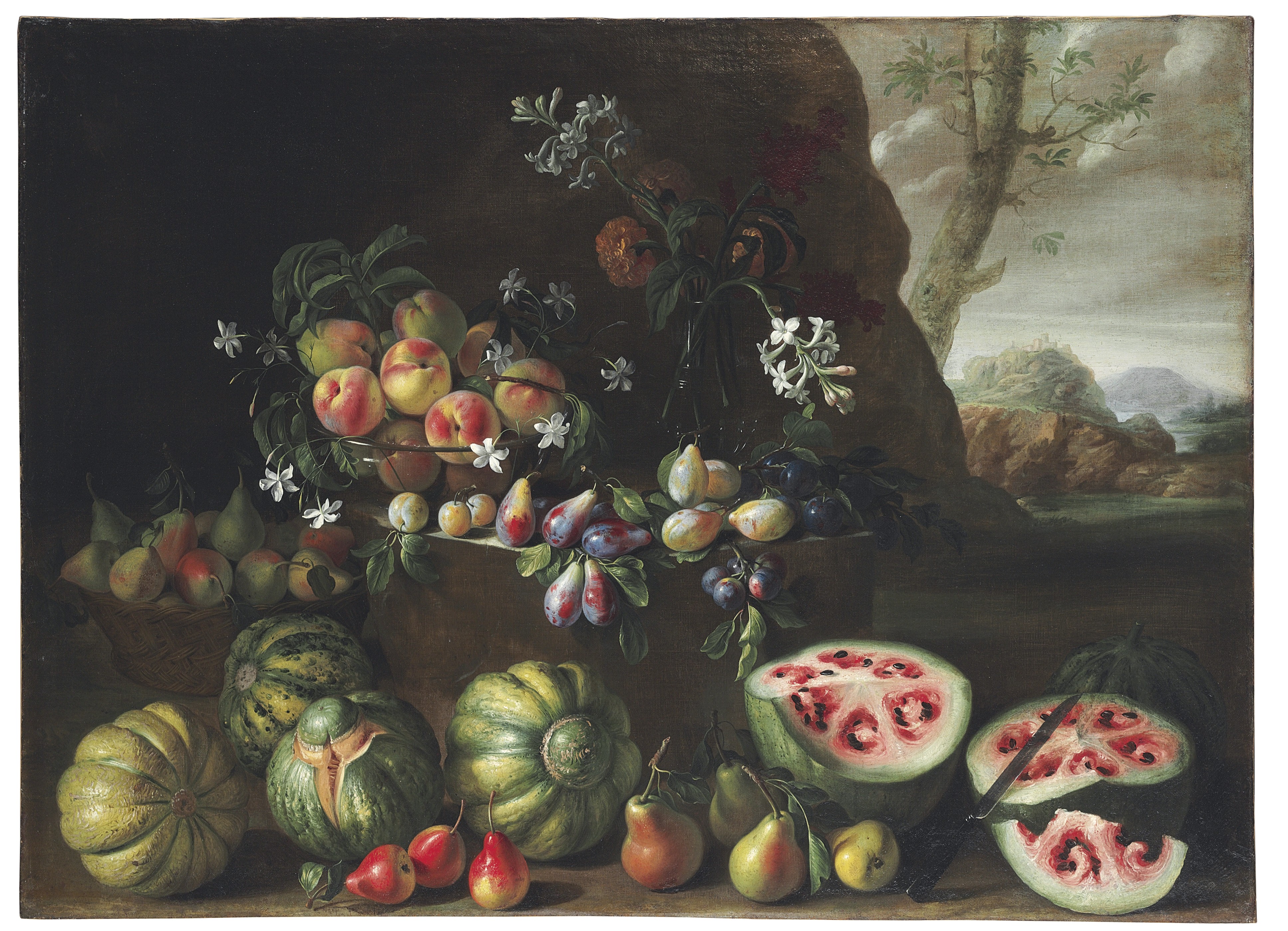 Giovanni Stanchi, Watermelons, Peaches, Pears, and Other Fruit in a Landscape