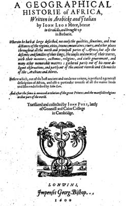 The title page of Pory's translation of [[Leo Africanus]]'s ''A Geographical Historie of Africa'' (1600)