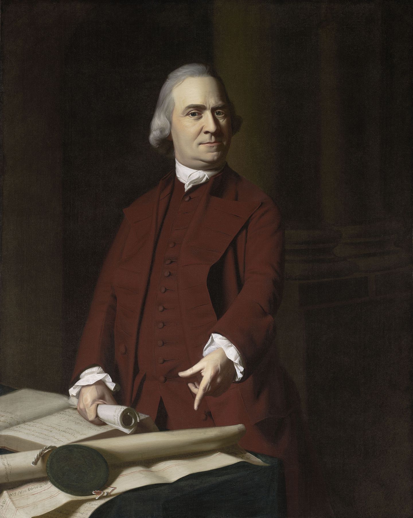 In this {{circa|1772}} portrait, Adams points at the [[Explanatory charter|Massachusetts Charter]], which he viewed as a constitution that protected the peoples' rights.{{sfn|Alexander|2002|p=103}}{{sfn|Alexander|2002|p=136}}{{sfn|Maier|1980|p=41}}{{sfn|Maier|1980|p=42}}