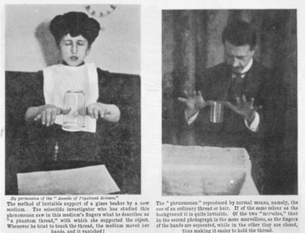 Magician William Marriott reveals the trick of the medium Stanisława Tomczyk's levitation of a glass tumbler. Pearson's Magazine, June 1910