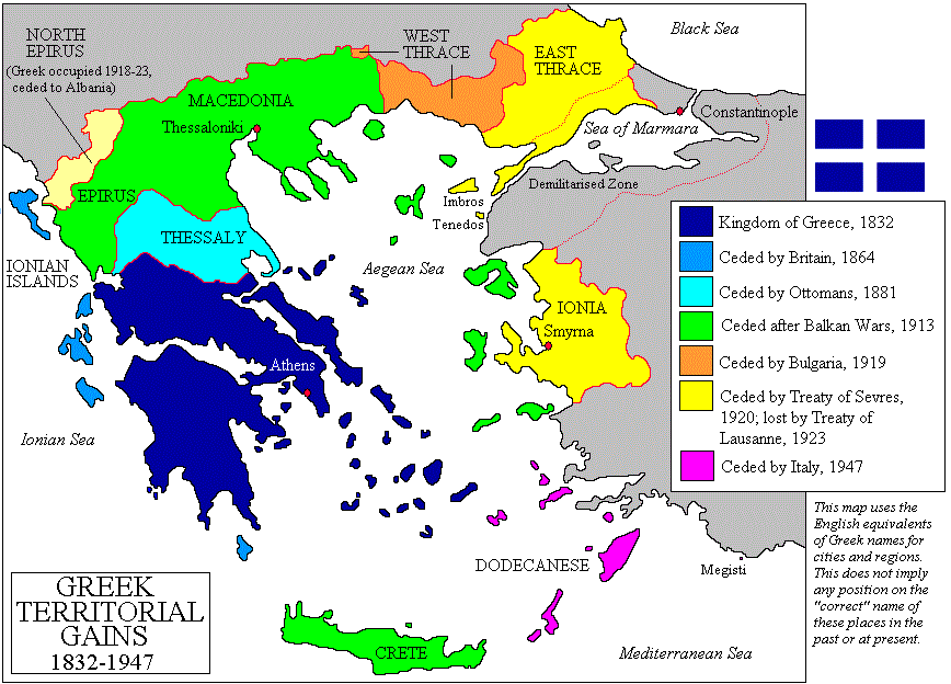 Map showing Greek territorial gains between 1832 and 1947