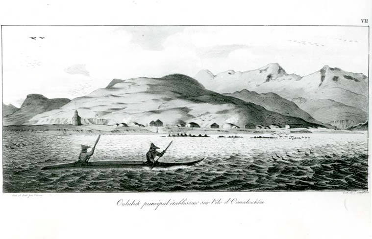 File:Two Aleuts in kayak with fort at Oululuk (Unalaska), Alaska in background, between 1816 and 1817 (AL+CA 8219).jpg