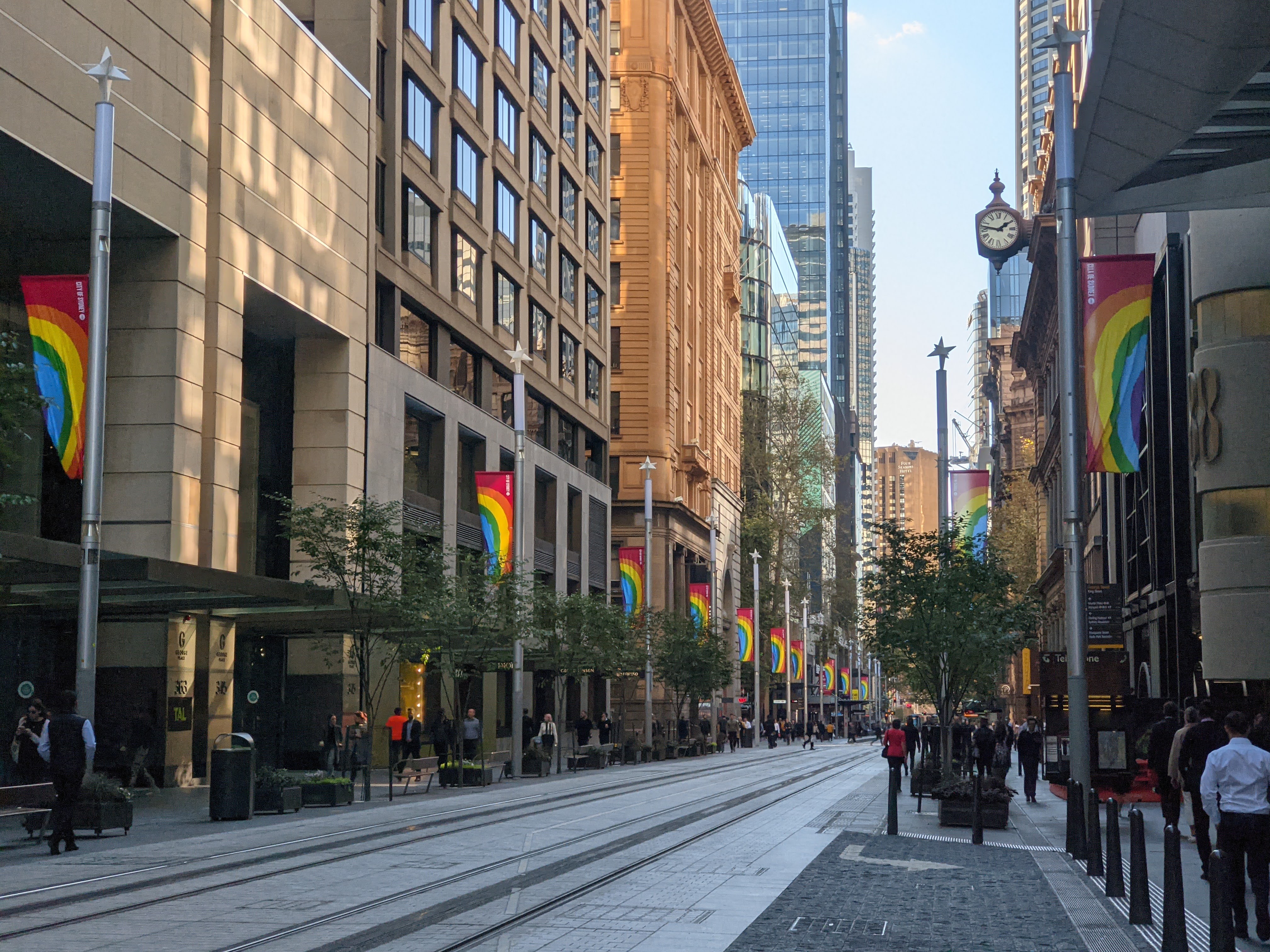 George Street is a street in the central business district of Sydney.
It was Sydney's original high street, and remains one of the busiest streets in the city centre. It connects a number of the city's most important buildings and precincts. There are more high rise buildings here than on any other street in Australia. Amongst Australia's 100 largest listed companies, more are located here than on any other street.
The street begins in the north end of Sydney in The Rocks, near the Sydney Harbour Bridge, and extends to the southern end of the city, near Central Station and Ultimo, where it leads into Railway Square. From here Broadway is the continuation of George Street turning westwards, leading to the western suburbs as Parramatta Road.

