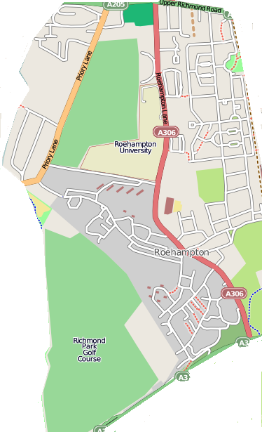 Map of Roehampton, excluding Roehampton/Putney Vale to the south